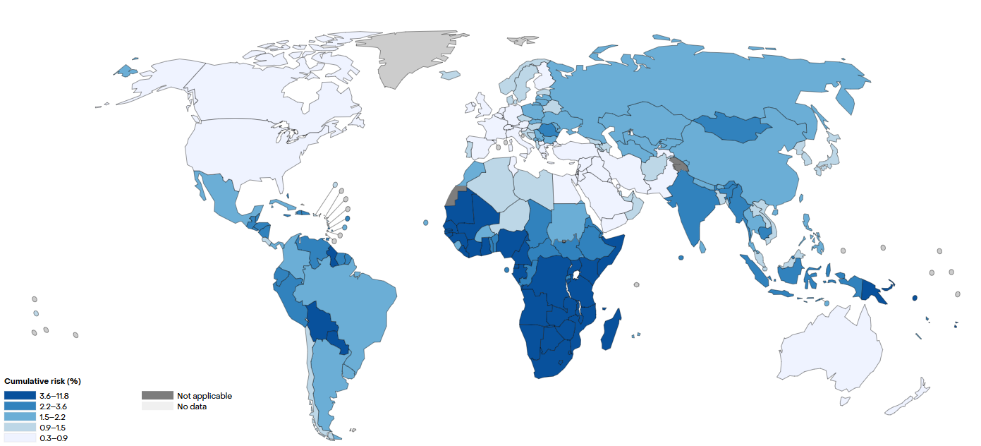 A map showing a woman's risk of developing cervical cancer in her lifetime, based on World Health Organization data from 2022